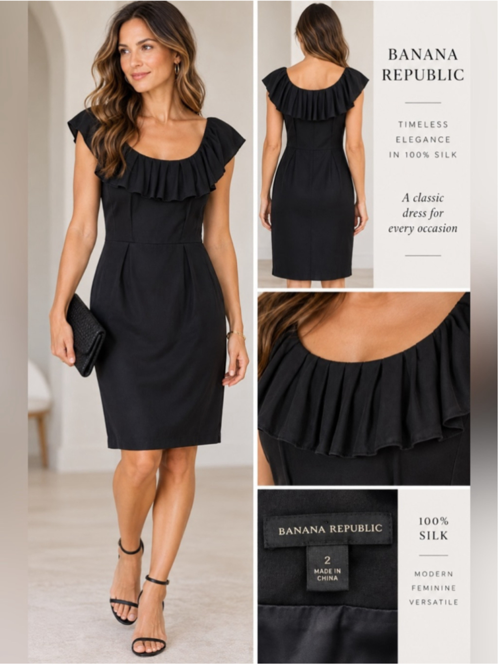 Banana Republic Black Ruffle-Neck Silk Midi Dress Size 2 Quiet Luxury Cocktail